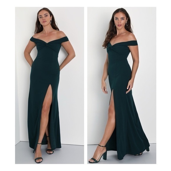 ⚫️ LULUS Behold My Love Emerald Off-The-Shoulder Twist-Front Maxi Dress - Picture 1 of 7